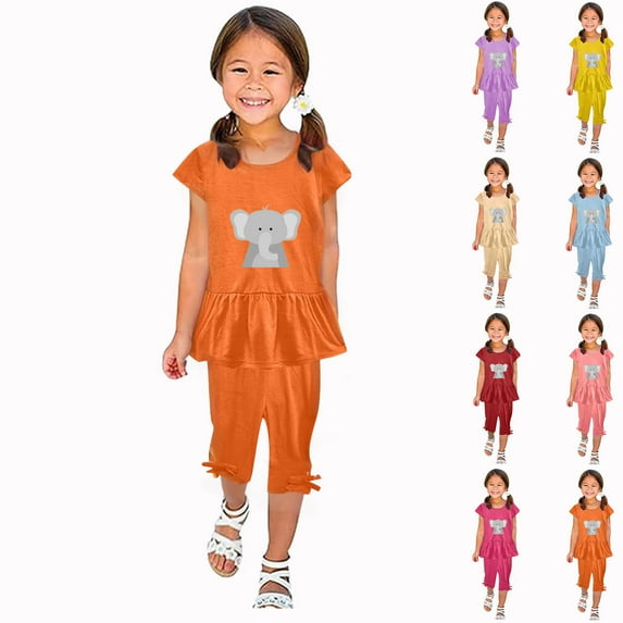 Piuwrlz Kids Outfit Set for Girls Summer Short Sets Printed Round Neck Tight T-Shirt and Shorts Set Light Blue Size 7 Years