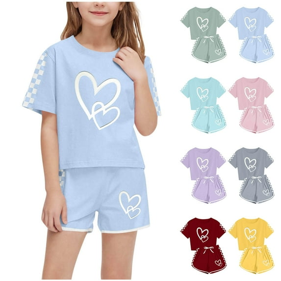 Piuwrlz Kids Short Sets Boys Girls Summer Outfit Set Printed Round Neck Tight Shirt T-Shirt and Shorts Set Gray Size 13 Years