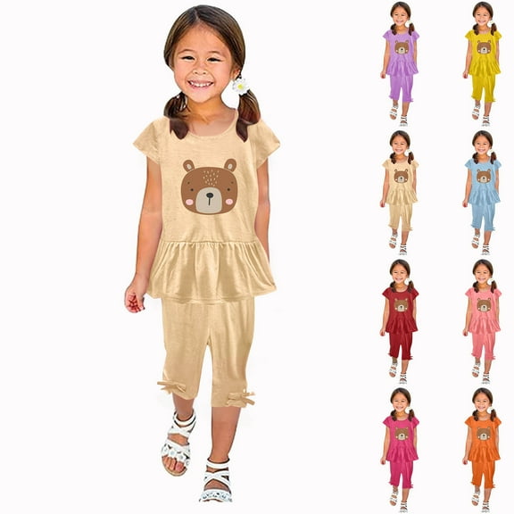 Piuwrlz Kids Short Sets Boys Girls Summer Outfit Set Printed Round Neck Tight T-Shirt and Shorts Set Yellow Size 5 Years