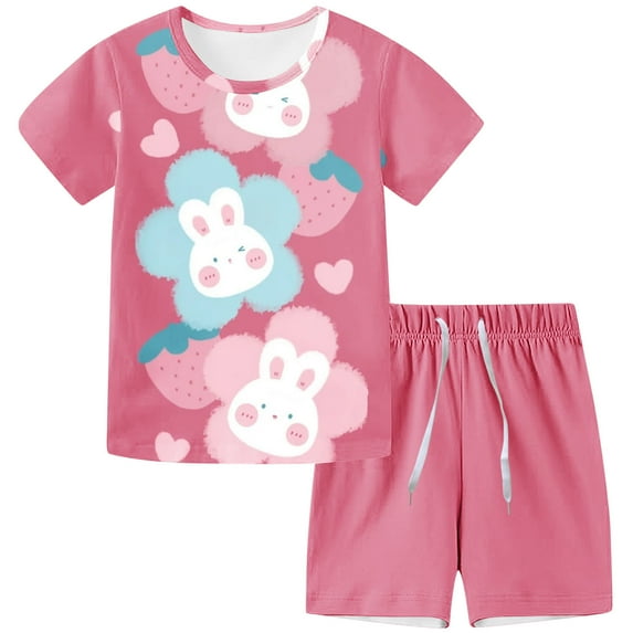 Piuwrlz Kids Short Sets Boys Girls Summer Outfit Set Printed T-Shirt and Shorts Set Hot Pink Size 4-5 Years