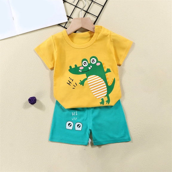 Piuwrlz Kids Short Sets Boys Girls Summer Outfit Set Printed T-Shirt and Shorts Set Yellow Size 5-6 Years