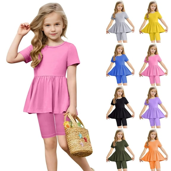 Piuwrlz Kids Short Sets Boys Girls Summer Outfit Set Solid Color T-Shirt and Shorts Set Pink Size 8 Years