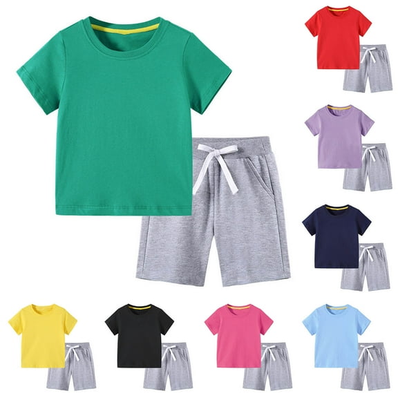 Piuwrlz Kids Short Sets Boys Girls Summer Outfit Set Solid Color T-Shirt and Shorts Set Red Size 5 Years