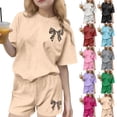 thumbnail image 1 of Piuwrlz Kids Short Sets Girls Outfit Set Crew Neck Suummer T-Shirt and Shorts Set Dark Gray Size 13-14Years, 1 of 7