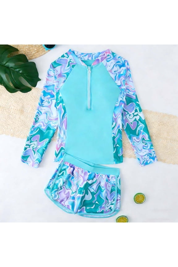 Kids Swimsuit Girls Swimming Suit Sets Long Sleeves Swimwear Light Blue Size 11 Years