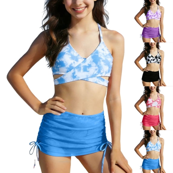 Piuwrlz Kids Swimsuit Girls Swimming Suit Sets Tie Dyeing Swimwear Sky Blue Size 3-4Years