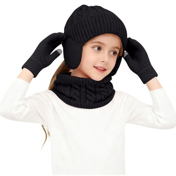 Piuwrlz Kids Winter 3 Piece Set Girls Boys Hats Scarves Glove Solid Color Thickened Plush Windproof Gloves Black Size 2-18 Years