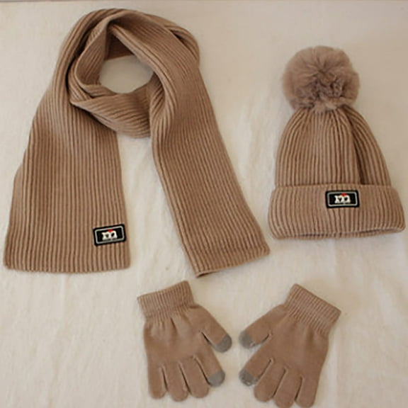 Piuwrlz Kids Winter 3 Piece Set Girls Boys Hats Scarves Glove Thickened Knitted Windproof Gloves Khaki Size Free Size