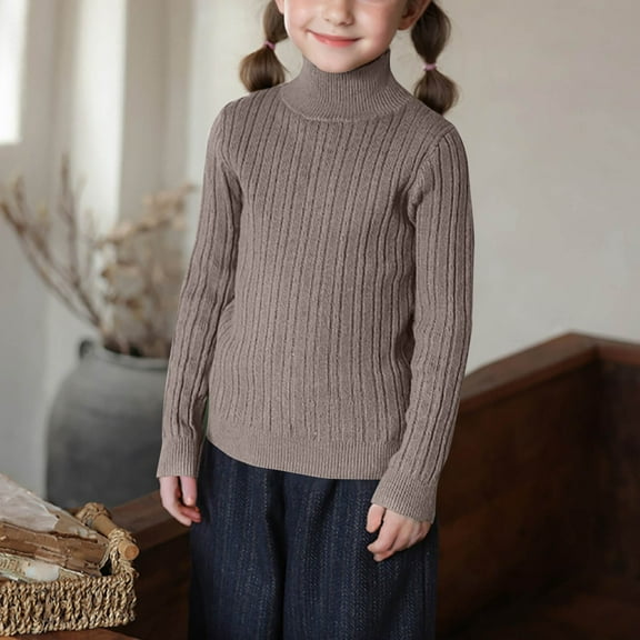Piuwrlz Knitted Sweatershirt for Childrens Girls Fluff Sweaters Comfortable High Neck Pullover Sweater Khaki Size 7 Years