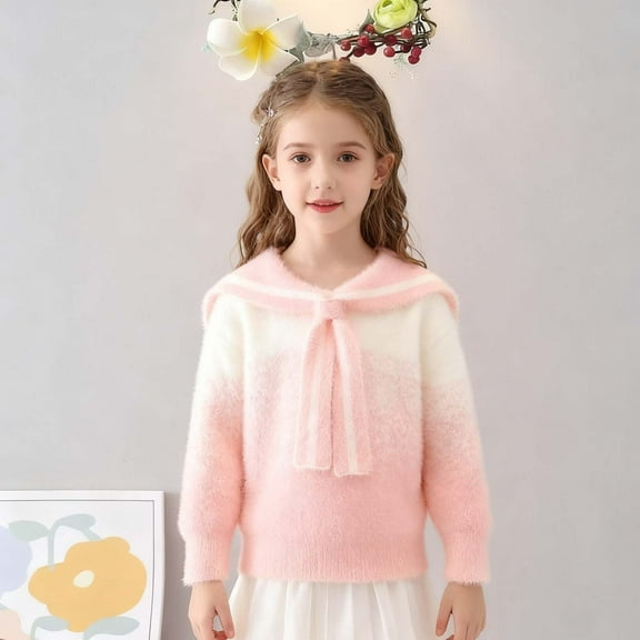 Piuwrlz Knitted Sweatershirt for Toddler Girls Fluff Sweaters Keep Warm Round Neck Pullover Sweater Beige Size 5-6 Years