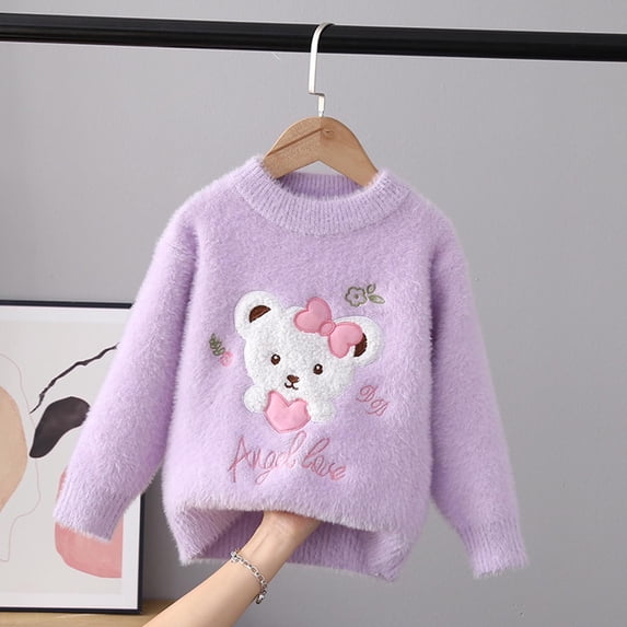 Piuwrlz Knitted Velvet Sweatershirt for Childrens Girls Fluff Sweaters Thickening Pullover Sweater Purple Size 5 Years