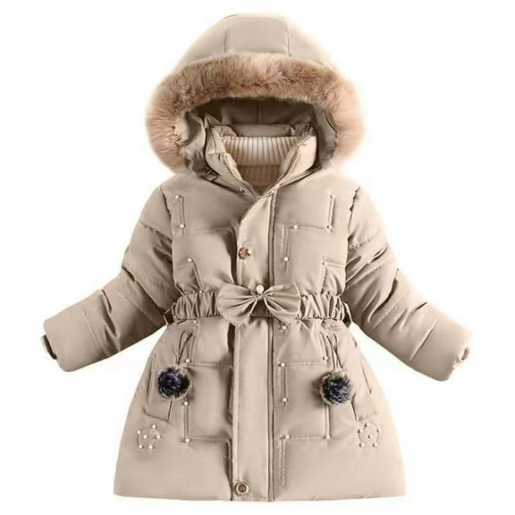 Piuwrlz Puffer Jacket Children's Girls Boy Plush Hood Padded Fashionable Cotton Coats Khaki Size 7 Years