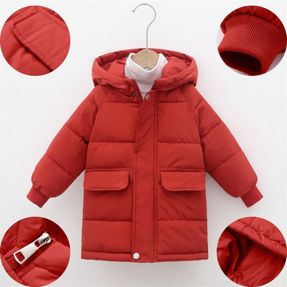 Piuwrlz Puffer Jacket Children's Girls Boy Velvet Hood Padded Pocket Solid Color Cotton Zipper Coats Red Size 5 Years
