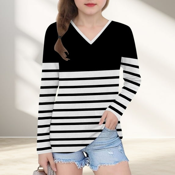 Piuwrlz Long Sleeve T-Shirt for Kids Girls Boys Cotton Shirts Printed Stripe V-neck V-neck T Shirt Tops Black Size 13 Years