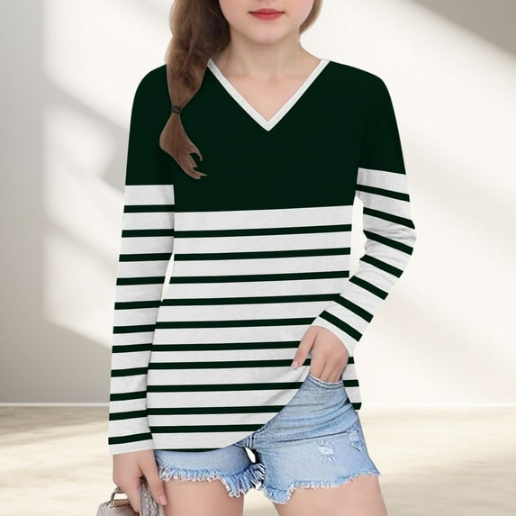 Piuwrlz Long Sleeve T-Shirt for Kids Girls Boys Cotton Shirts Printed Stripe V-neck V-neck T Shirt Tops Green Size 3 Years