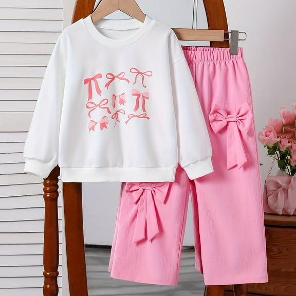 Piuwrlz Long Sweatshirt Sleeved and Elastic Waist Pants Little Girls Boys Sweatsuits 2pcs Sets Fashionable Solid Color Printed Bow-knot Hood Activewear Set Pink Size 3 Years