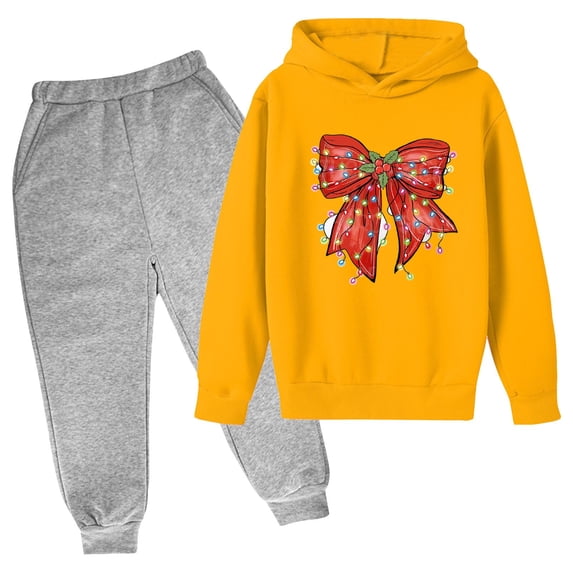 Piuwrlz Long Sweatshirt Sleeved and Elastic Waist Pants Little Girls Boys Sweatsuits 2pcs Sets Printed Christmas Bow-knot Hood Activewear Set Yellow Size 13 Years