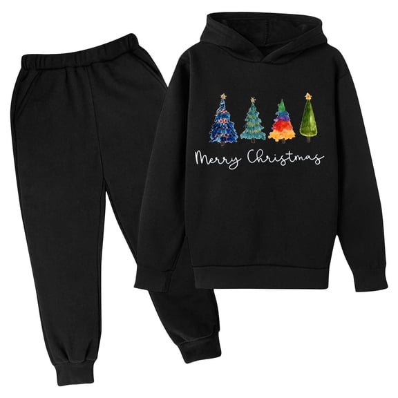 Piuwrlz Long Sweatshirt Sleeved and Elastic Waist Pants Little Girls Boys Sweatsuits 2pcs Sets Printed Christmas Hood Activewear Set Black Size 3 Years