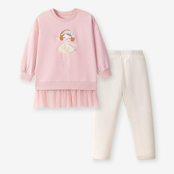 Piuwrlz Long Sweatshirt Sleeved and Elastic Waist Pants Little Girls Boys Sweatsuits 2pcs Sets Printed Round Neck Shirt Hood Activewear Set Pink Size 5 Years