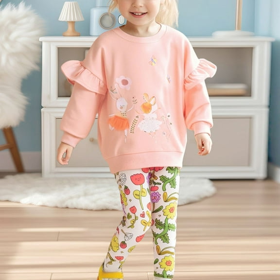 Piuwrlz Long Sweatshirt Sleeved and Elastic Waist Pants Little Girls Boys Sweatsuits 2pcs Sets Printed Round Neck Shirt Hood Activewear Set Pink Size 6 Years