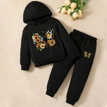 Piuwrlz Long Sweatshirt Sleeved and Elastic Waist Pants Little Girls Boys Sweatsuits 2pcs Sets Printed Hood Activewear Set Black Size 7 Years