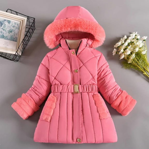 Piuwrlz Puffer Jacket Children's Girls Boy Velvet Hood Padded Pocket Solid Color Cotton Coats Pink Size 9 Years