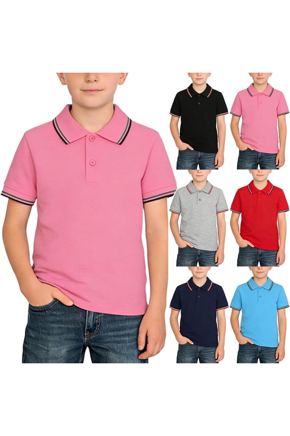 Red polo Shirt Boys School Uniform T-Shirt Stripe Lapel Collar Button Shirt School Uniform T Shirt Red Size 2-3 Years