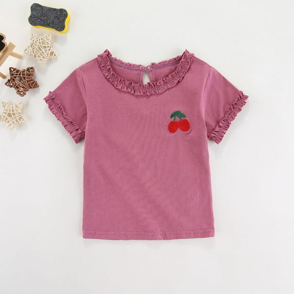 Piuwrlz Round Neck T-Shirts Children's Girls Short Sweatshirt Sleeve Comfortable Fashionable Solid Color Lace Shirt Top Hot Pink Size 12 Months