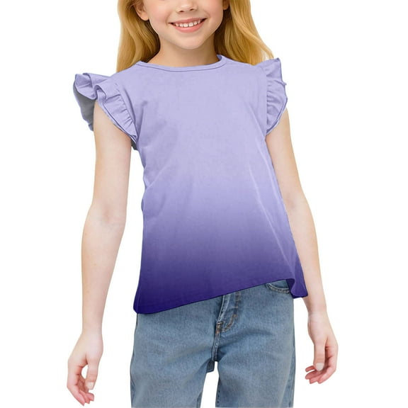 Piuwrlz Round Neck T-Shirts Children's Girls Short Sweatshirt Sleeve Printed Shirt Top Purple Size 8 Years
