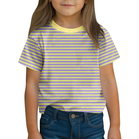 Piuwrlz Round Neck T-Shirts Children's Girls Striped Short Sweatshirt Sleeve Fashionable Cotton Shirt Top Multicolor Size 7 Years