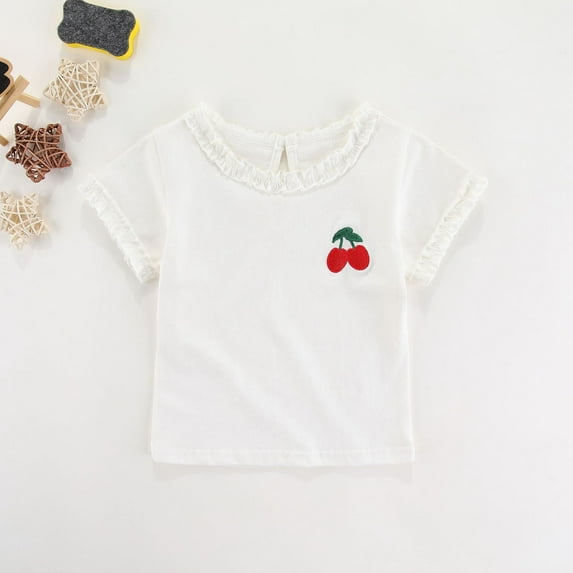 Piuwrlz Short T-Shirts Sleeve Kids Girls Round Neck Shirt Comfortable Fashionable Solid Color Lace Shirt Top White Size 2 Years