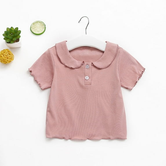 Piuwrlz Short T-Shirts Sleeve Kids Girls Round Neck Shirt Fashionable Solid Color Lace Button Shirt Top Pink Size 12 Months