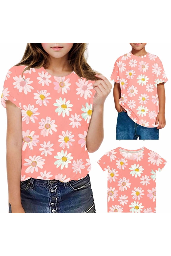 Short T-Shirts Sleeve Kids Girls Round Neck Shirt Printed Fashionable Cotton Shirt Top Pink Size 5 Years