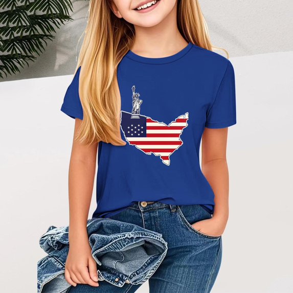 Piuwrlz Short T-Shirts Sleeve Kids Girls Round Neck Shirt Printed Loose Blouses Shirt Top Blue Size 7 Years