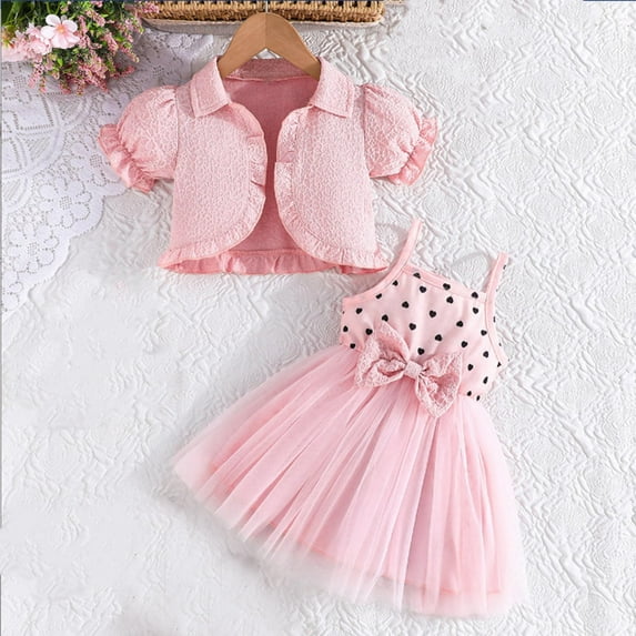 Piuwrlz Skirt and Jacket Set Girls Mesh Dress Set Short Sleeved Bow-knot Solid Color Printed Skirts Suits Pink Size 9 Months