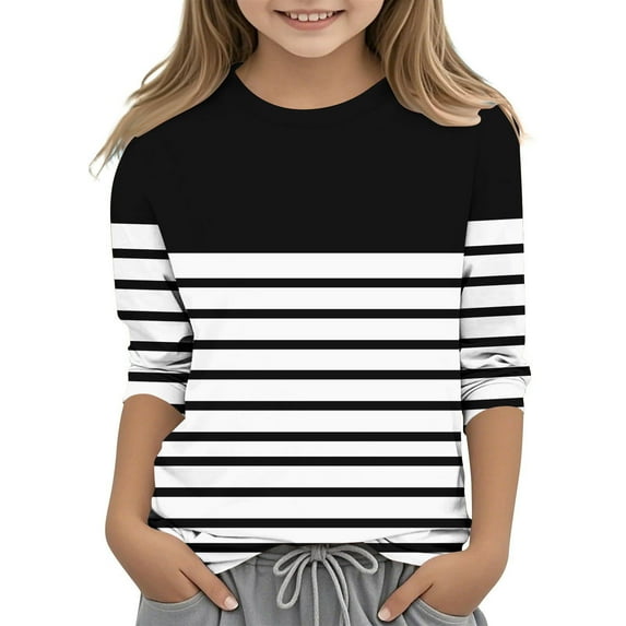 Piuwrlz Summer 3/4 Short Sleeve T-Shirts Kids Girls Round Neck Casual Sweatshirts Printed Round Neck Stripe Shirt Tops Black Size 7 Years