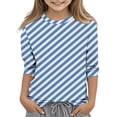 thumbnail image 1 of Piuwrlz Summer 3/4 Short Sleeve T-Shirts Kids Girls Round Neck Casual Sweatshirts Printed Round Neck Stripe Shirt Tops Blue Size 5 Years, 1 of 4