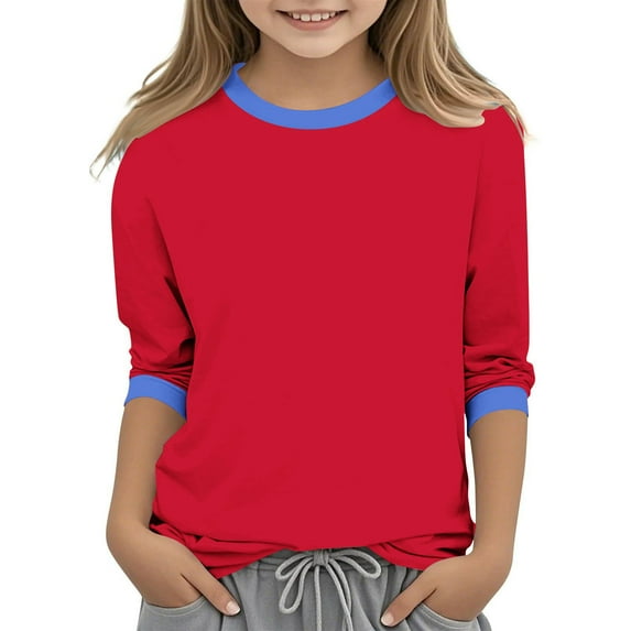 Piuwrlz Summer 3/4 Short Sleeve T-Shirts Kids Girls Round Neck Casual Sweatshirts Solid Color Round Neck Shirt Tops Red Size 5 Years