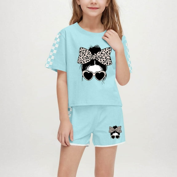 Piuwrlz Summer Boys Girls T-Shirt and Short Pants Sets Kids Short Shirt and Shorts Set Printed Round Neck Tight Bow-knot Shirt Children's Set Green Size 7 Years