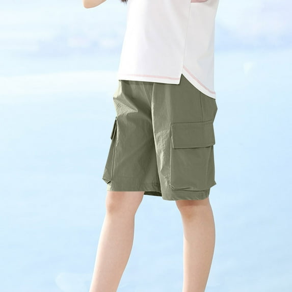 Piuwrlz Summer Short Cargo Pants Kids Boy Girls Shorts Solid Color Elasticity Pocket Short Pants Green Size 11-12 Years