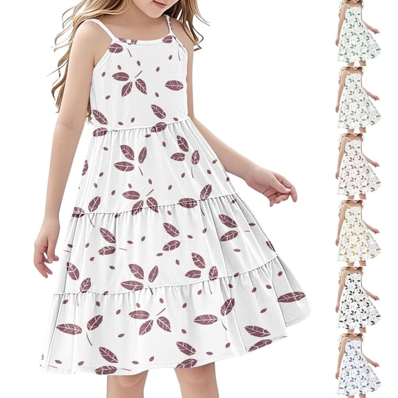 Piuwrlz Summer Dresses for Girls Casual Play Dresses Pleated Skirts Brown Size 5 Years