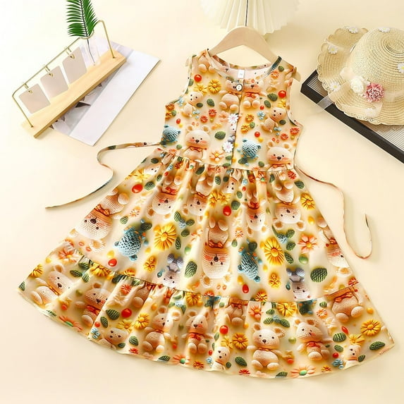 Piuwrlz Summer Dresses for Girls Casual Play Dresses Suspender Crew Neck Pleated Skirts Multicolor Size 5 Years