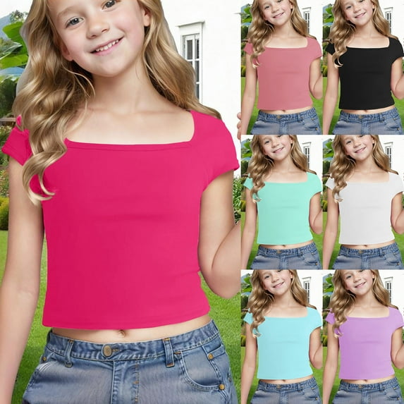 Piuwrlz Summer Short T Shirt Sleeve Kid Girl Boy Pink T-Shirt Square Collar Shirt Top Pink Size 110