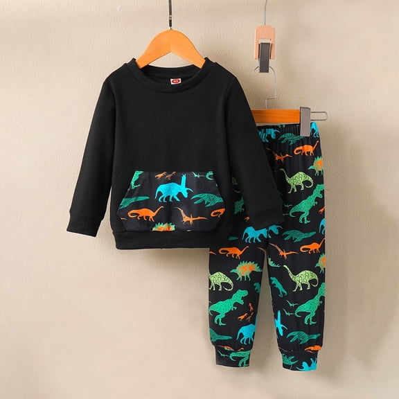 Piuwrlz Sweatsuits 2pcs Sets for Girls Boys Long Sleeved Hoodies and Elastic Waist Pants Pocket Printed Round Neck Shirt Hood Activewear Set Black Size 1 Years