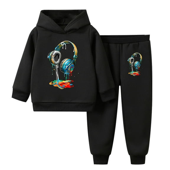 Piuwrlz Sweatsuits 2pcs Sets for Girls Boys Long Sleeved Hoodies and Elastic Waist Pants New Fashionable Hood Activewear Set Black Size 100