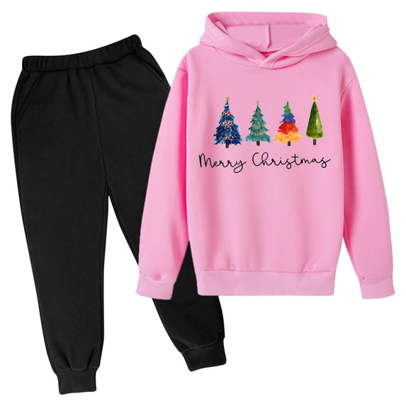Piuwrlz Sweatsuits 2pcs Sets for Girls Boys Long Sleeved Hoodies and Elastic Waist Pants Printed Christmas Hood Activewear Set Pink Size 9 Years