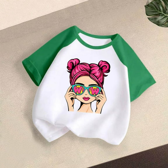Piuwrlz T-Shirts Tops for Kids Girls Short Sweatshirt Sleeve Fashionable Printed Round Neck Blouses Cotton T Shirt Top Green Size 2 Years