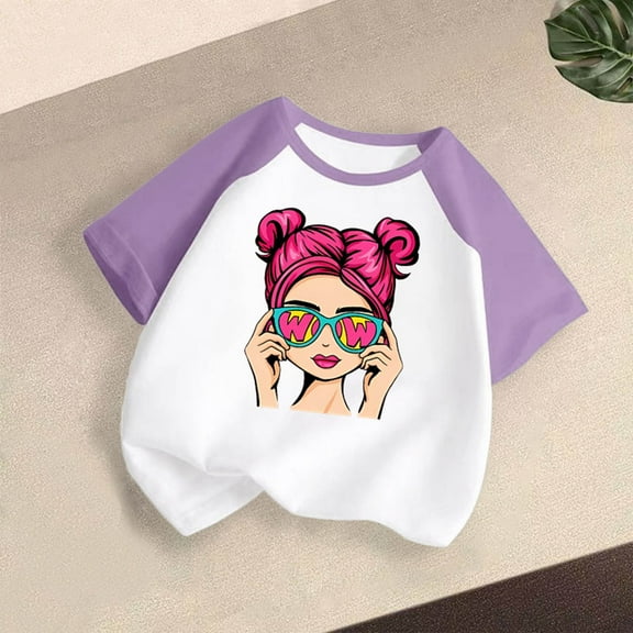 Piuwrlz T-Shirts Tops for Kids Girls Short Sweatshirt Sleeve Fashionable Printed Round Neck Blouses Cotton T Shirt Top Purple Size 6 Years