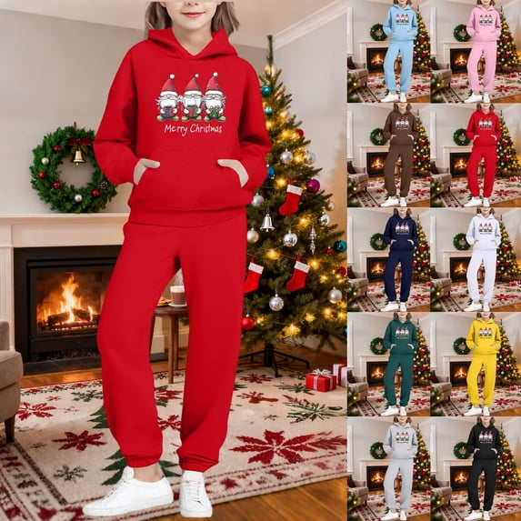 Piuwrlz Teen Sweatsuits Sets Girls Two Piece Jogger Set Pocket Christmas Round Neck Sweats and Sweatpants Dark Blue Size 9 Years
