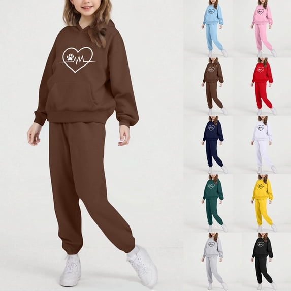 Piuwrlz Teen Sweatsuits Sets Girls Two Piece Jogger Set Pocket Round Neck Sweats and Sweatpants Pink Size 9 Years